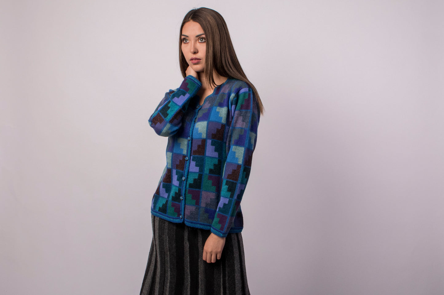 Cárdigan Diseño Chacana Tonos Azules- 100% Alpaca