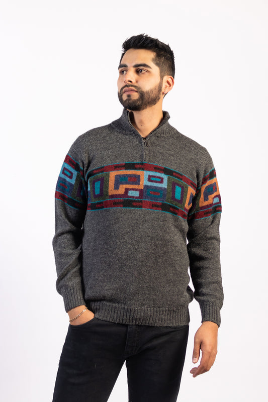 Jersey Tejido Intarsia Andino con Medio Cierre - 100% Alpaca Premium